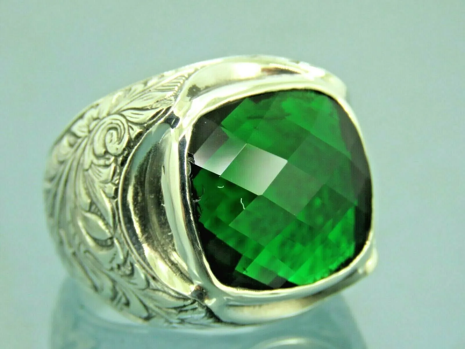 Turkish Handmade Jewelry 925 Sterling Silver Emerald Stone Mens Rings
