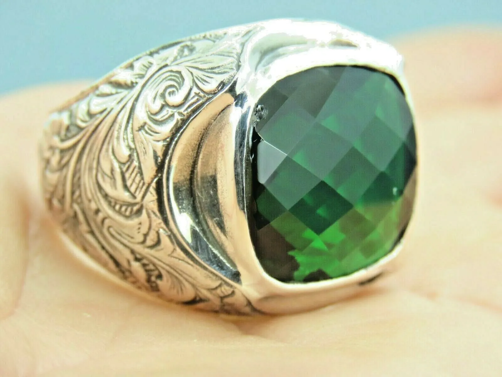 Turkish Handmade Jewelry 925 Sterling Silver Emerald Stone Mens Rings