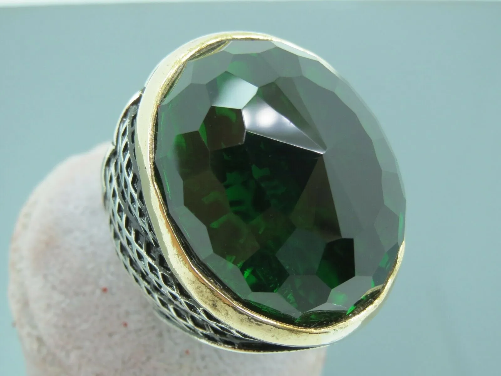 Turkish Handmade Jewelry 925 Sterling Silver Emerald Stone Mens Rings