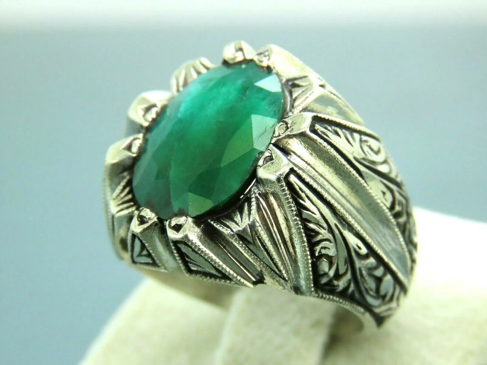 Turkish Handmade Jewelry 925 Sterling Silver Emerald Stone Mens Rings