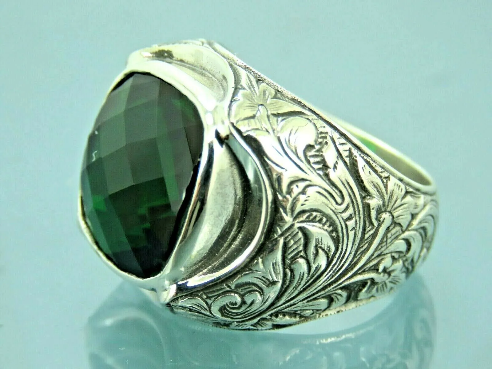 Turkish Handmade Jewelry 925 Sterling Silver Emerald Stone Mens Rings