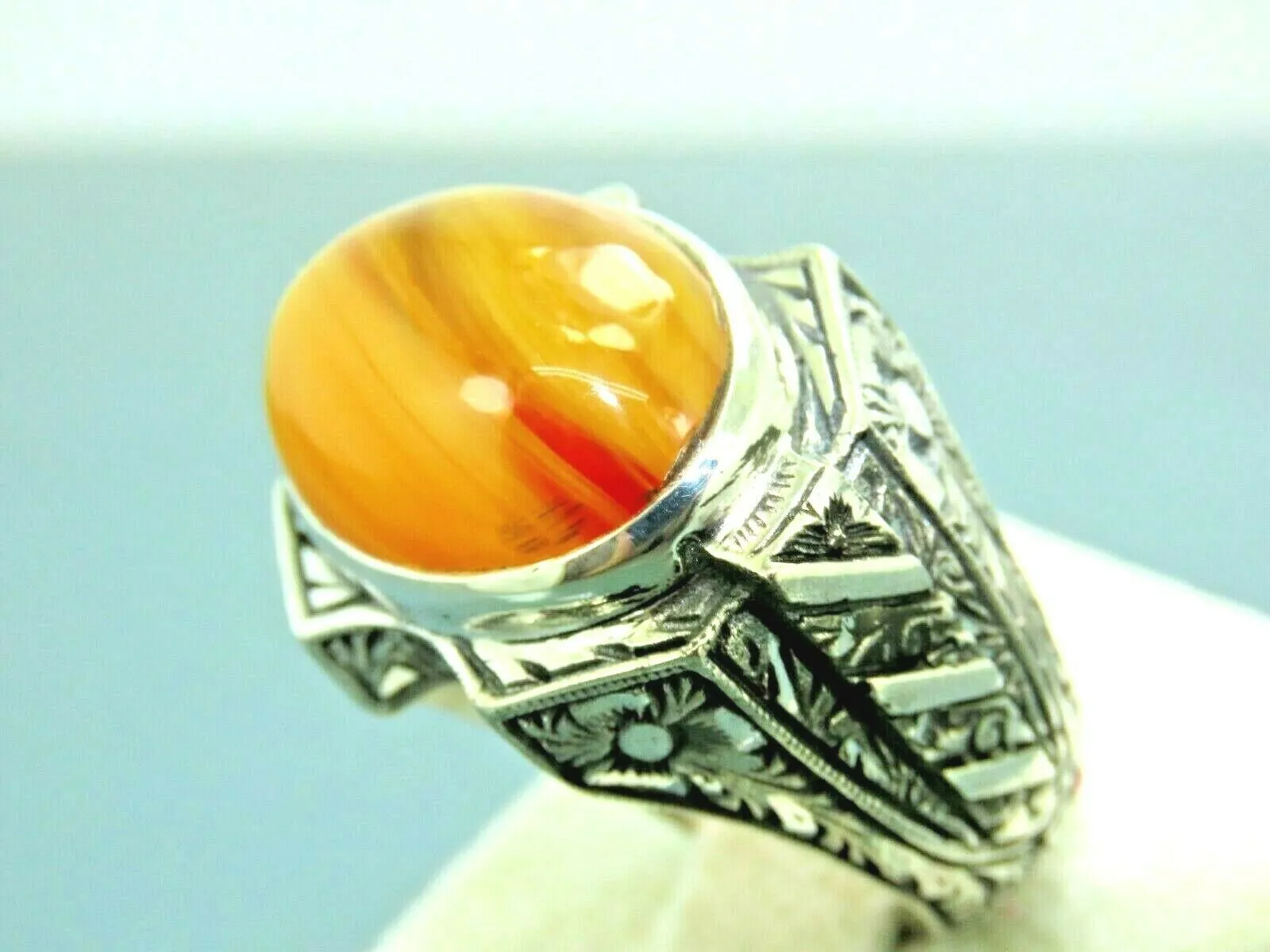 Turkish Handmade Jewelry 925 Sterling Silver Engraved Agate Stone Mens Rings