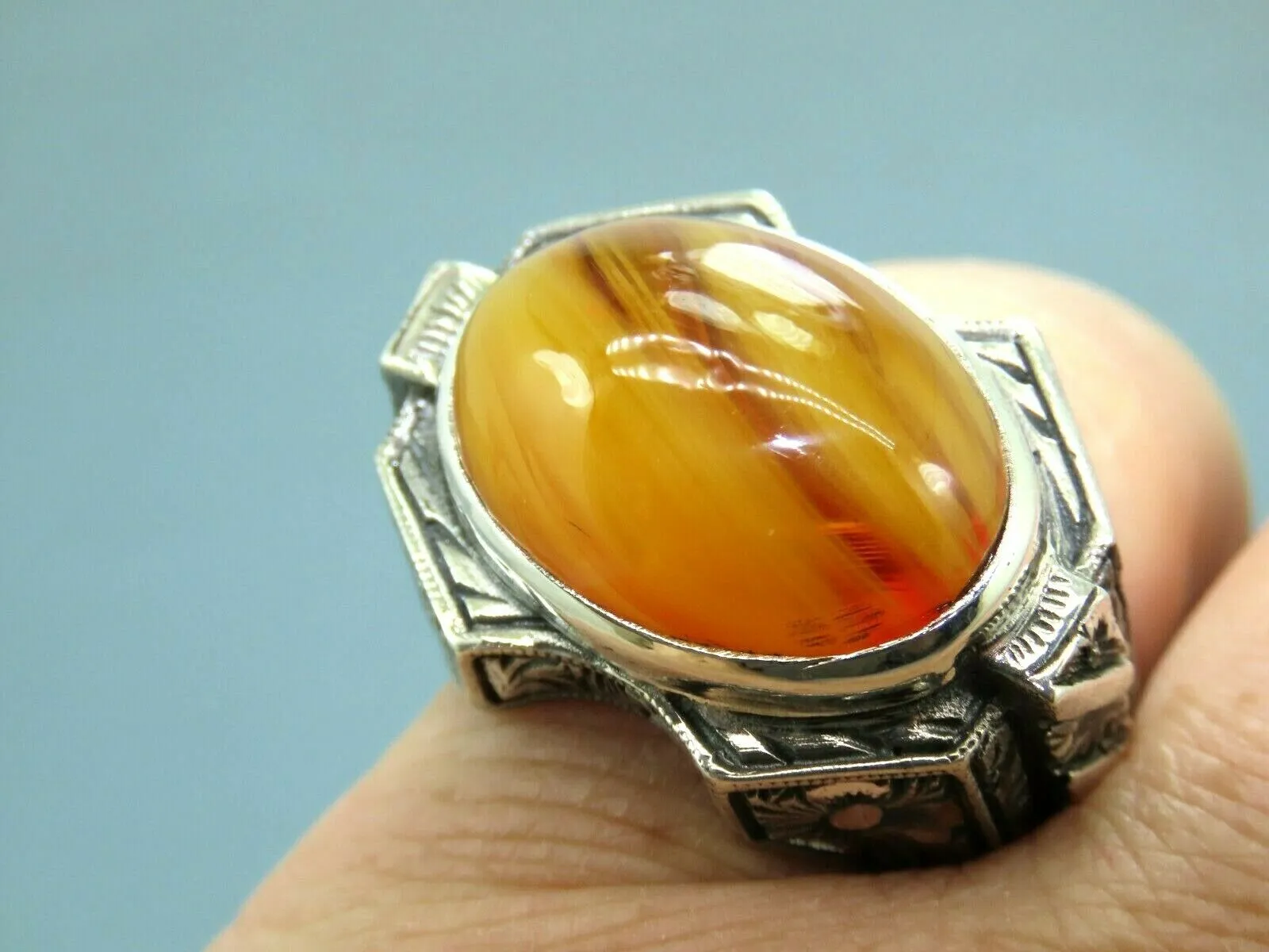Turkish Handmade Jewelry 925 Sterling Silver Engraved Agate Stone Mens Rings