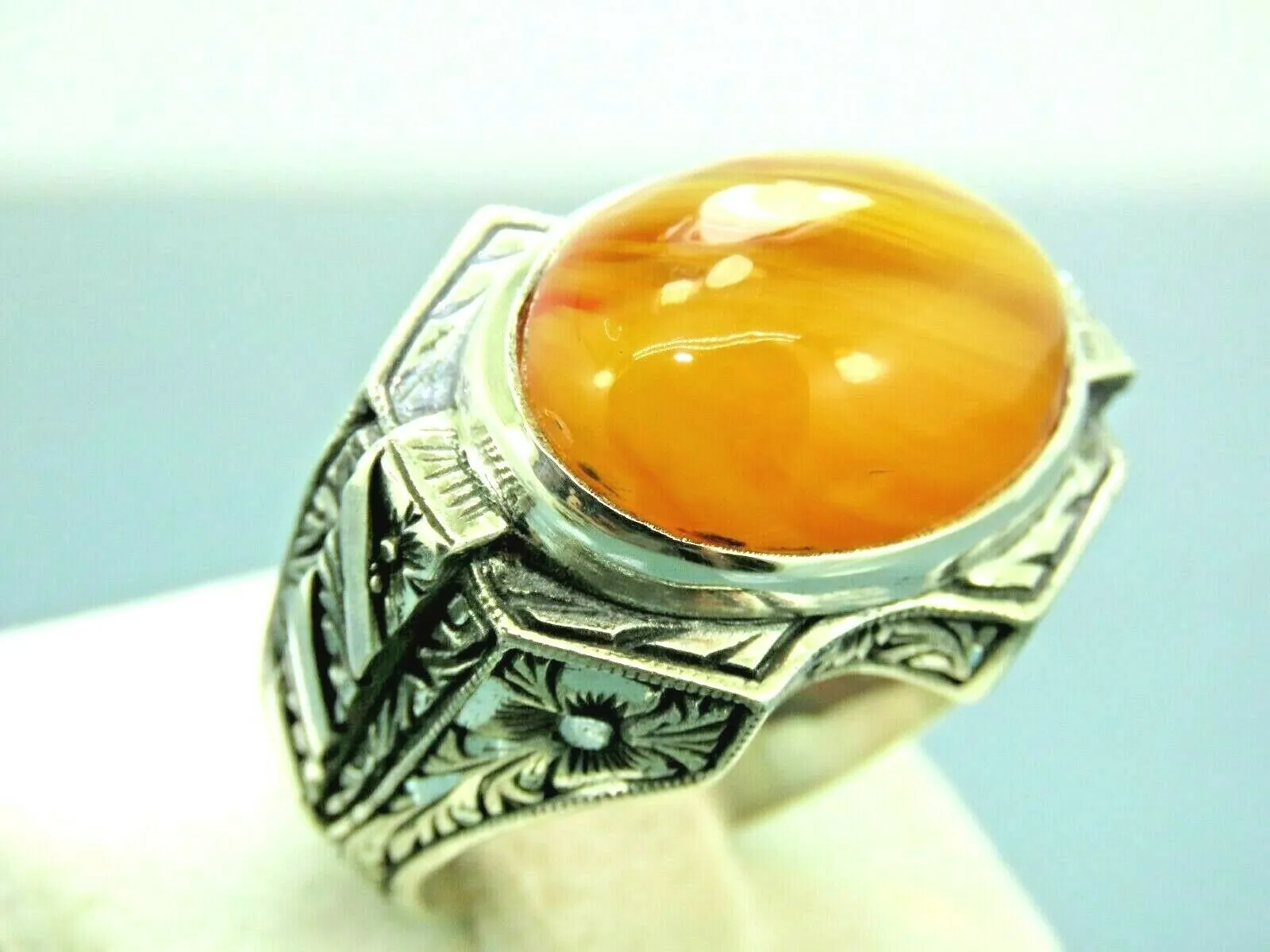 Turkish Handmade Jewelry 925 Sterling Silver Engraved Agate Stone Mens Rings