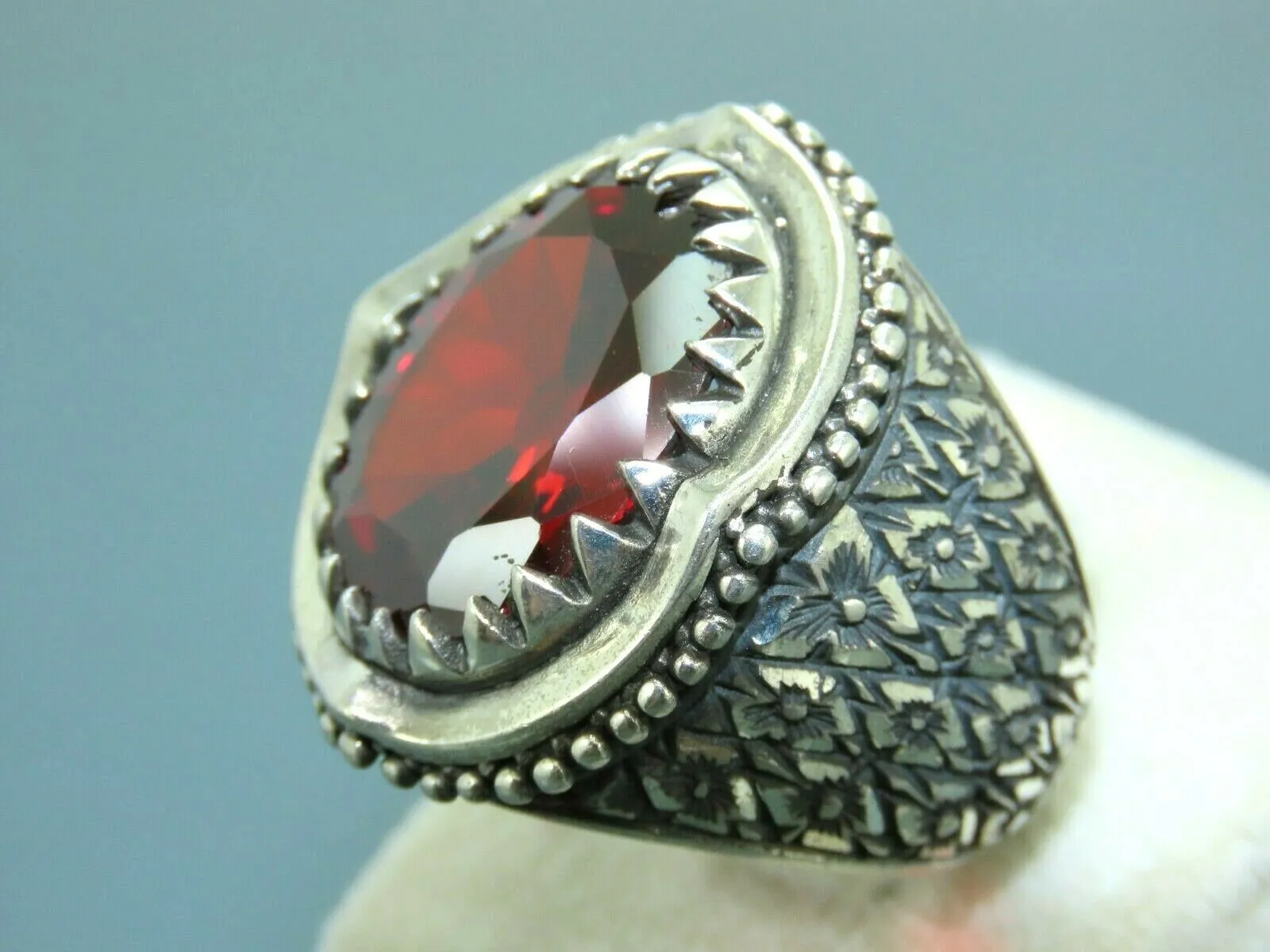 Turkish Handmade Jewelry 925 Sterling Silver Garnet Stone Engraved Mens Rings