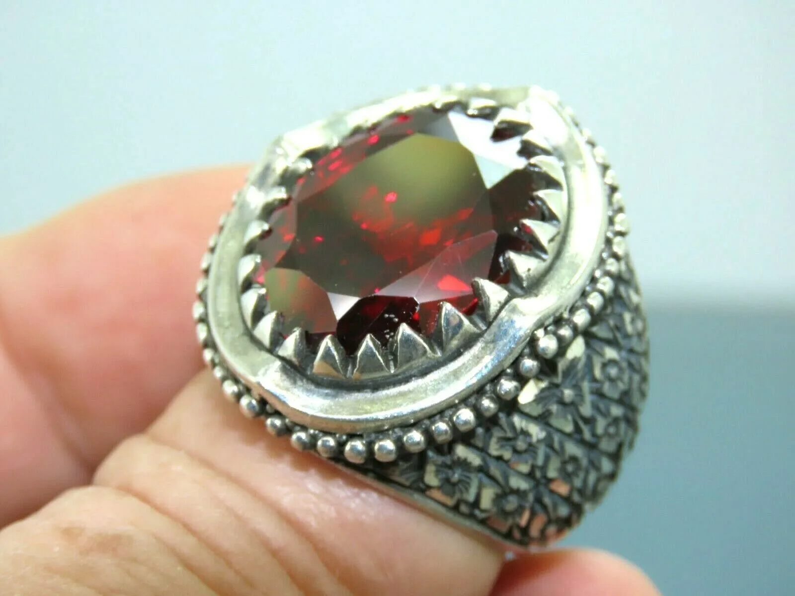 Turkish Handmade Jewelry 925 Sterling Silver Garnet Stone Engraved Mens Rings