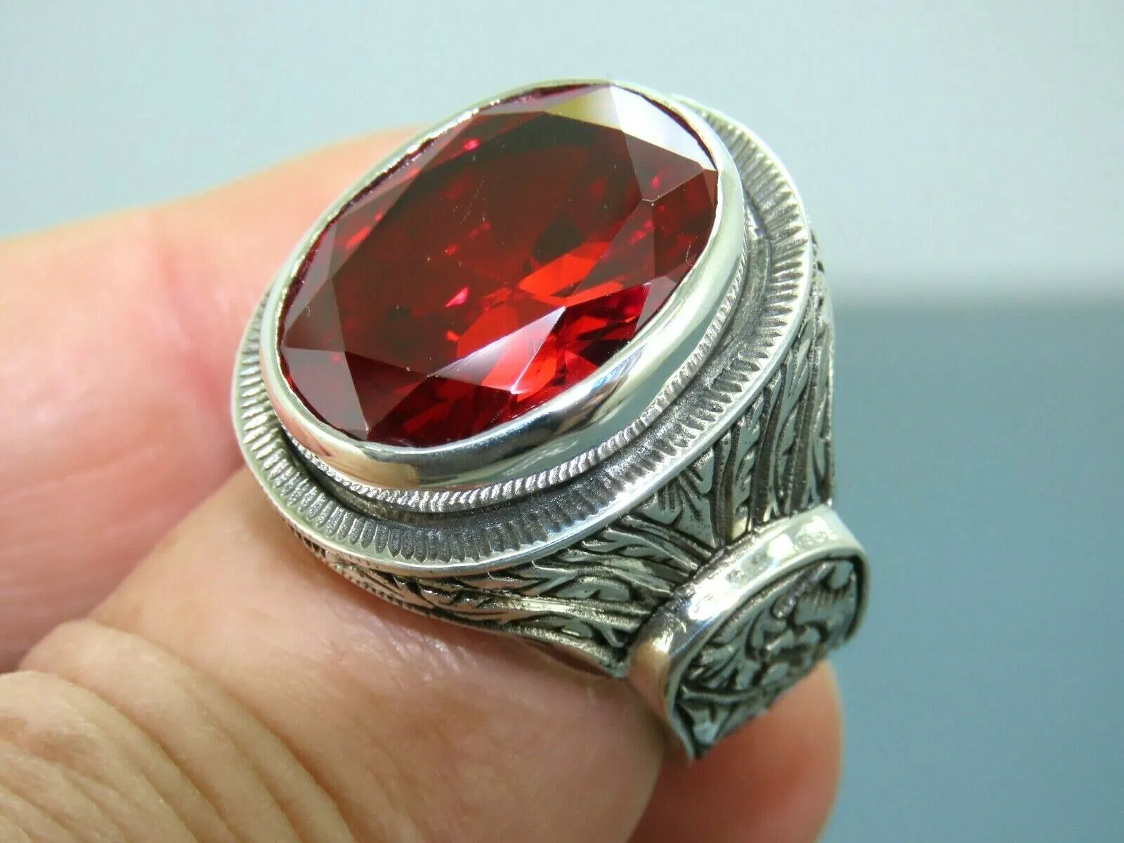 Turkish Handmade Jewelry 925 Sterling Silver Garnet Stone Mens Rings