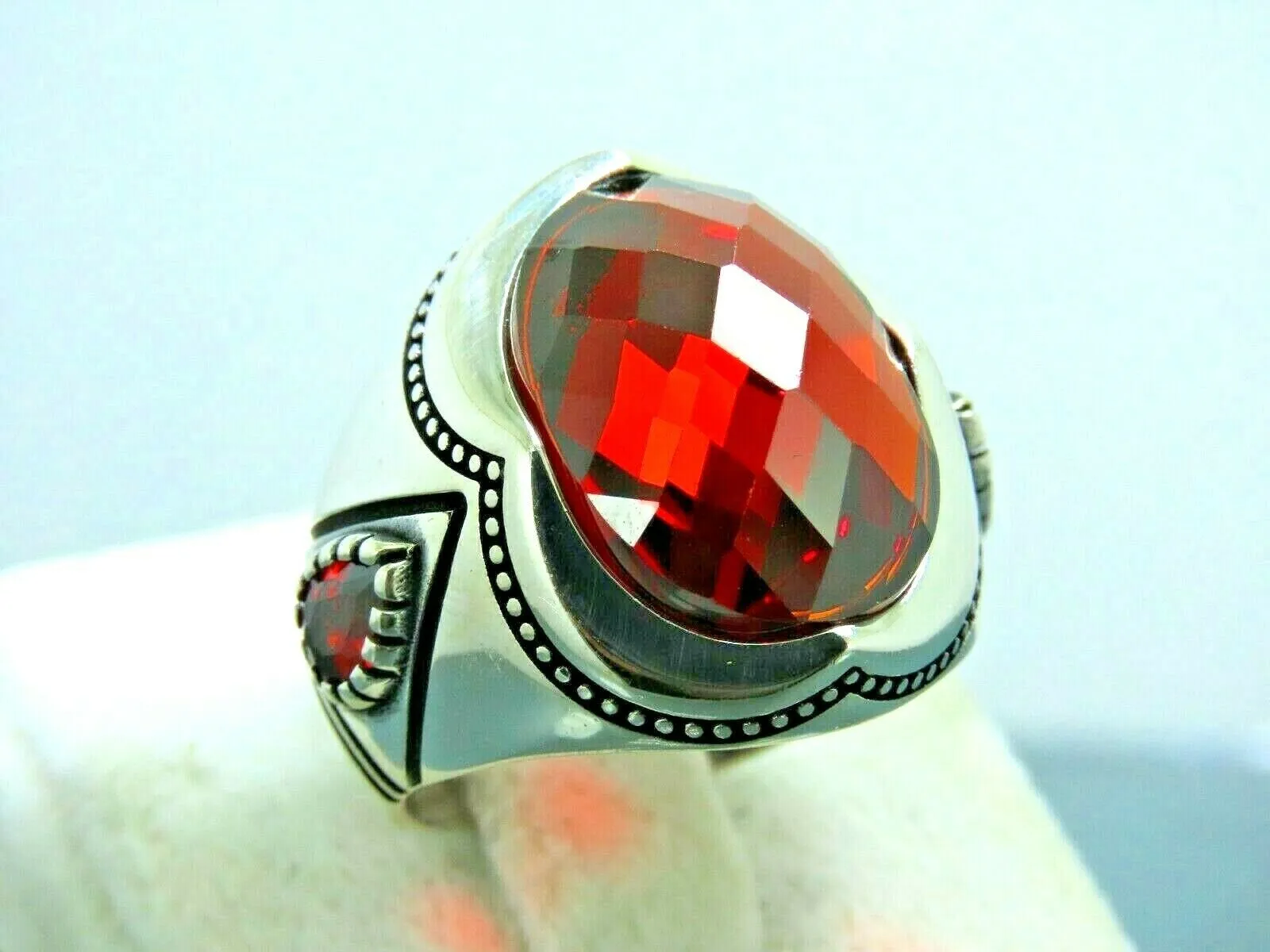 Turkish Handmade Jewelry 925 Sterling Silver Garnet Stones Mens Rings