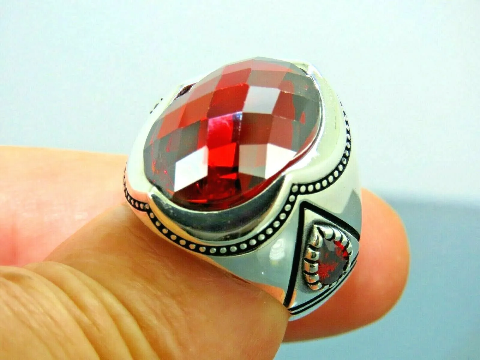 Turkish Handmade Jewelry 925 Sterling Silver Garnet Stones Mens Rings