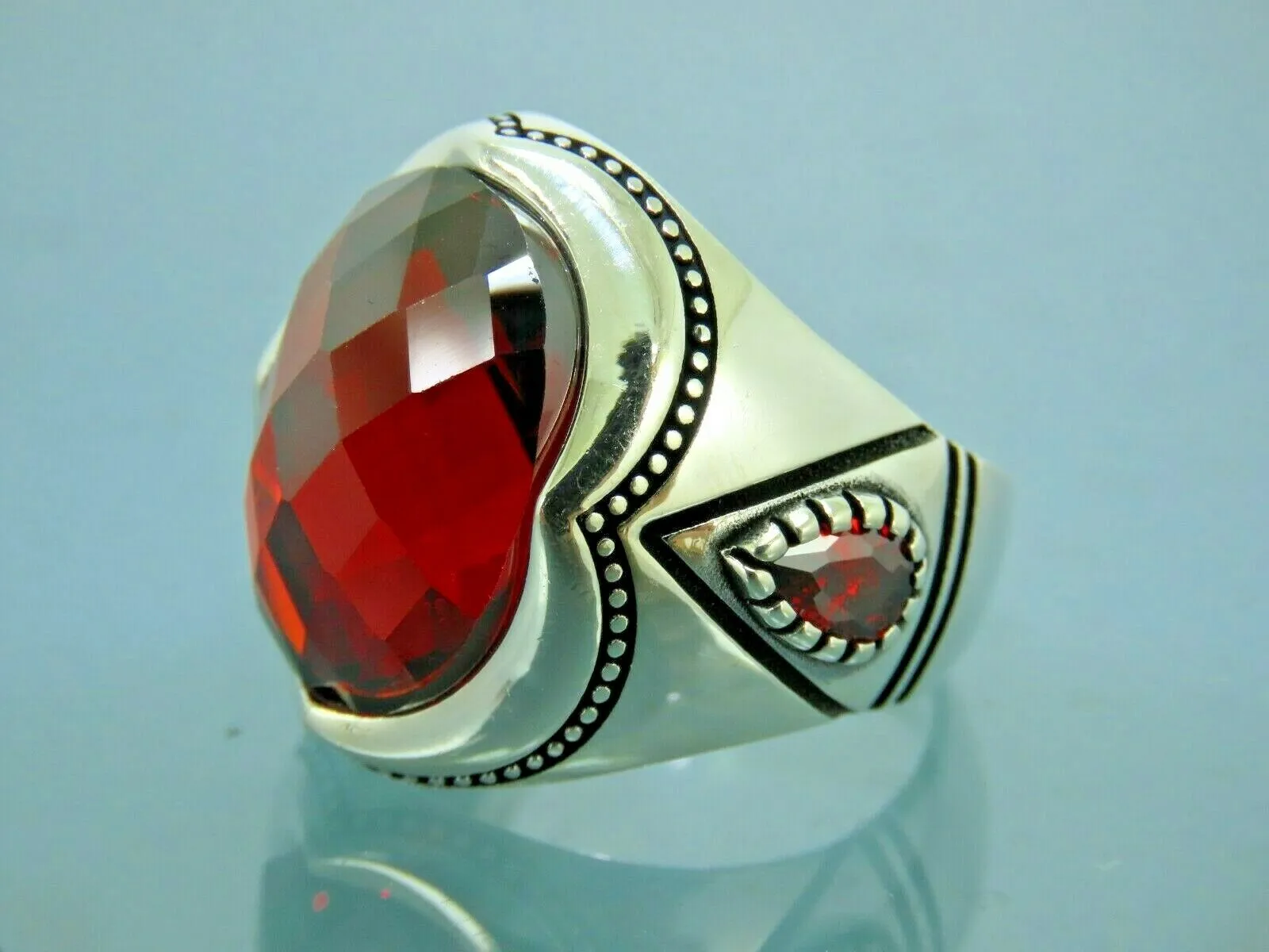 Turkish Handmade Jewelry 925 Sterling Silver Garnet Stones Mens Rings