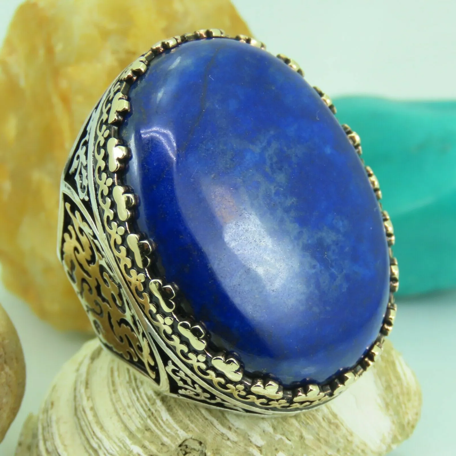Turkish Handmade Jewelry 925 Sterling Silver Lapis Stone Mens Rings