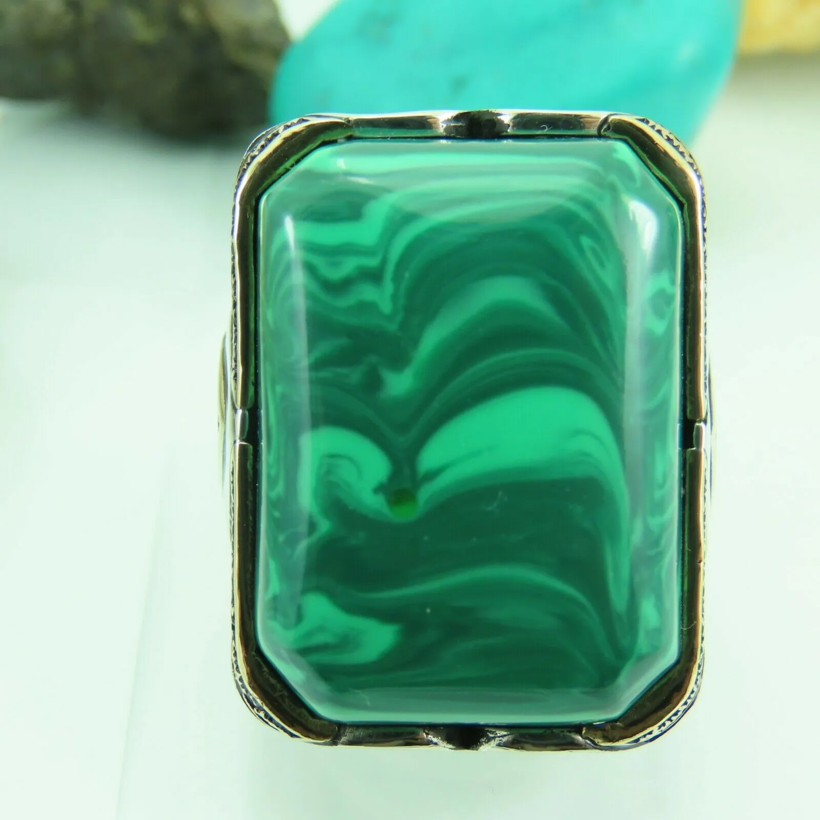 Turkish Handmade Jewelry 925 Sterling Silver Malachite Stone Men's Rings