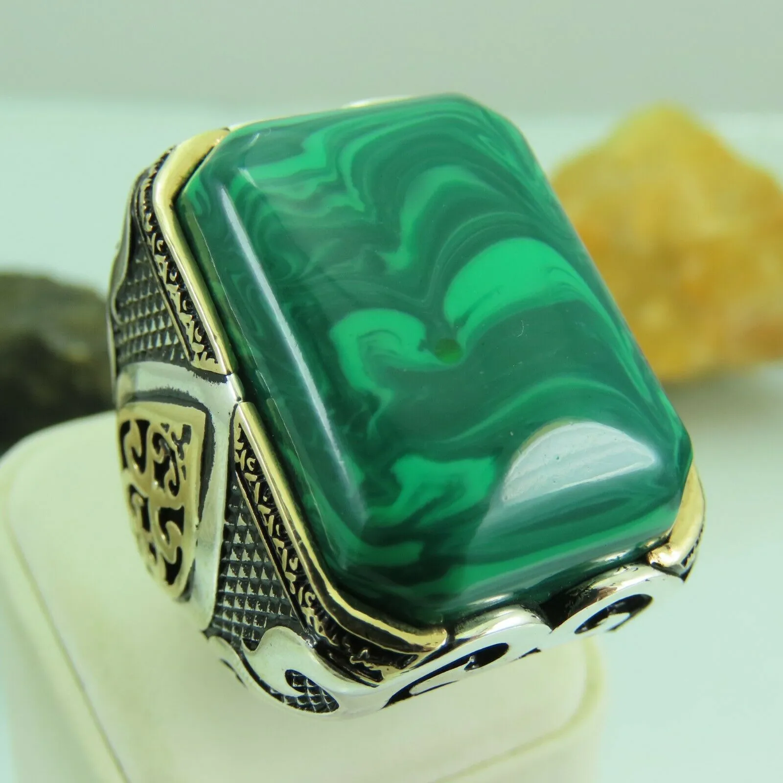 Turkish Handmade Jewelry 925 Sterling Silver Malachite Stone Men's Rings