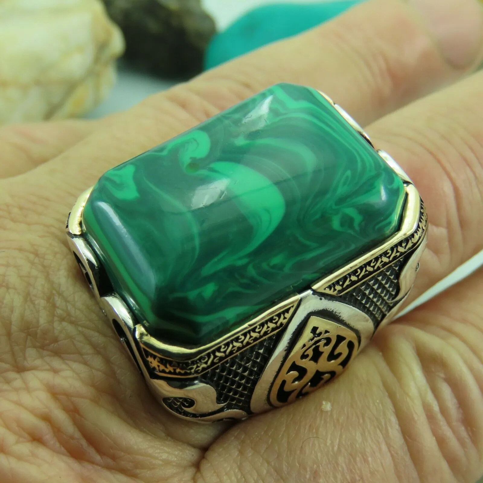 Turkish Handmade Jewelry 925 Sterling Silver Malachite Stone Men's Rings