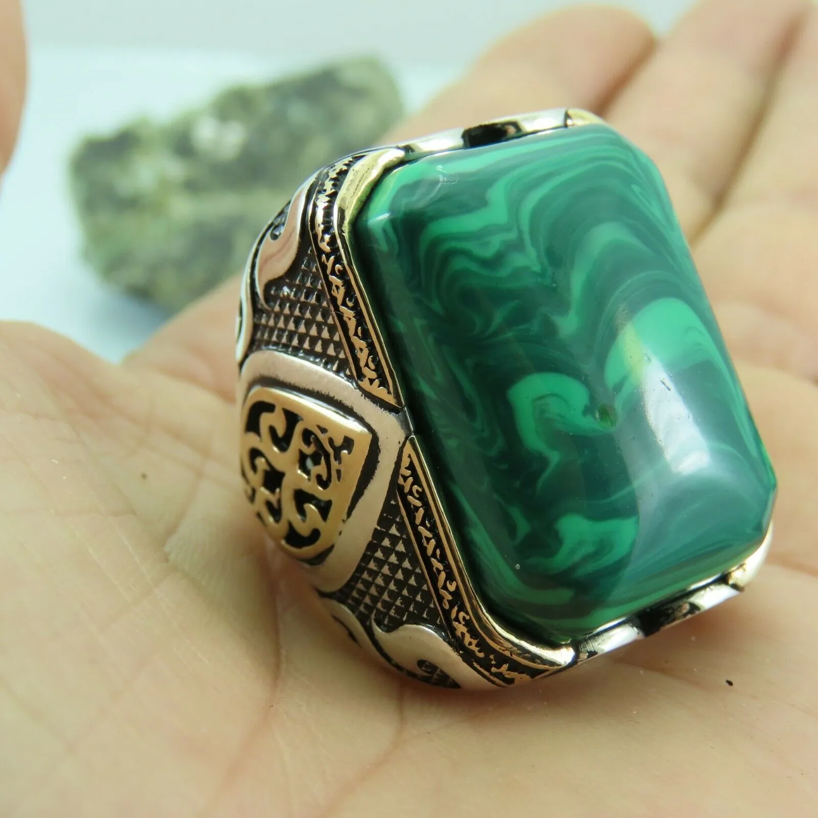 Turkish Handmade Jewelry 925 Sterling Silver Malachite Stone Men's Rings