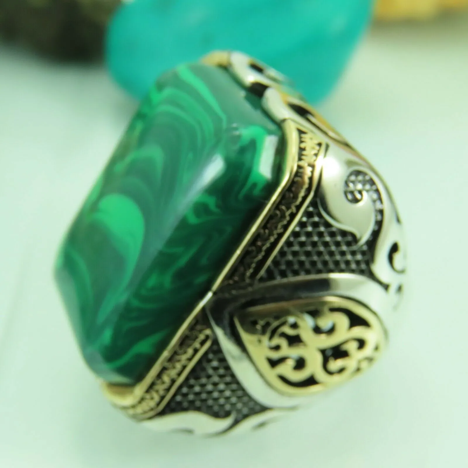 Turkish Handmade Jewelry 925 Sterling Silver Malachite Stone Men's Rings