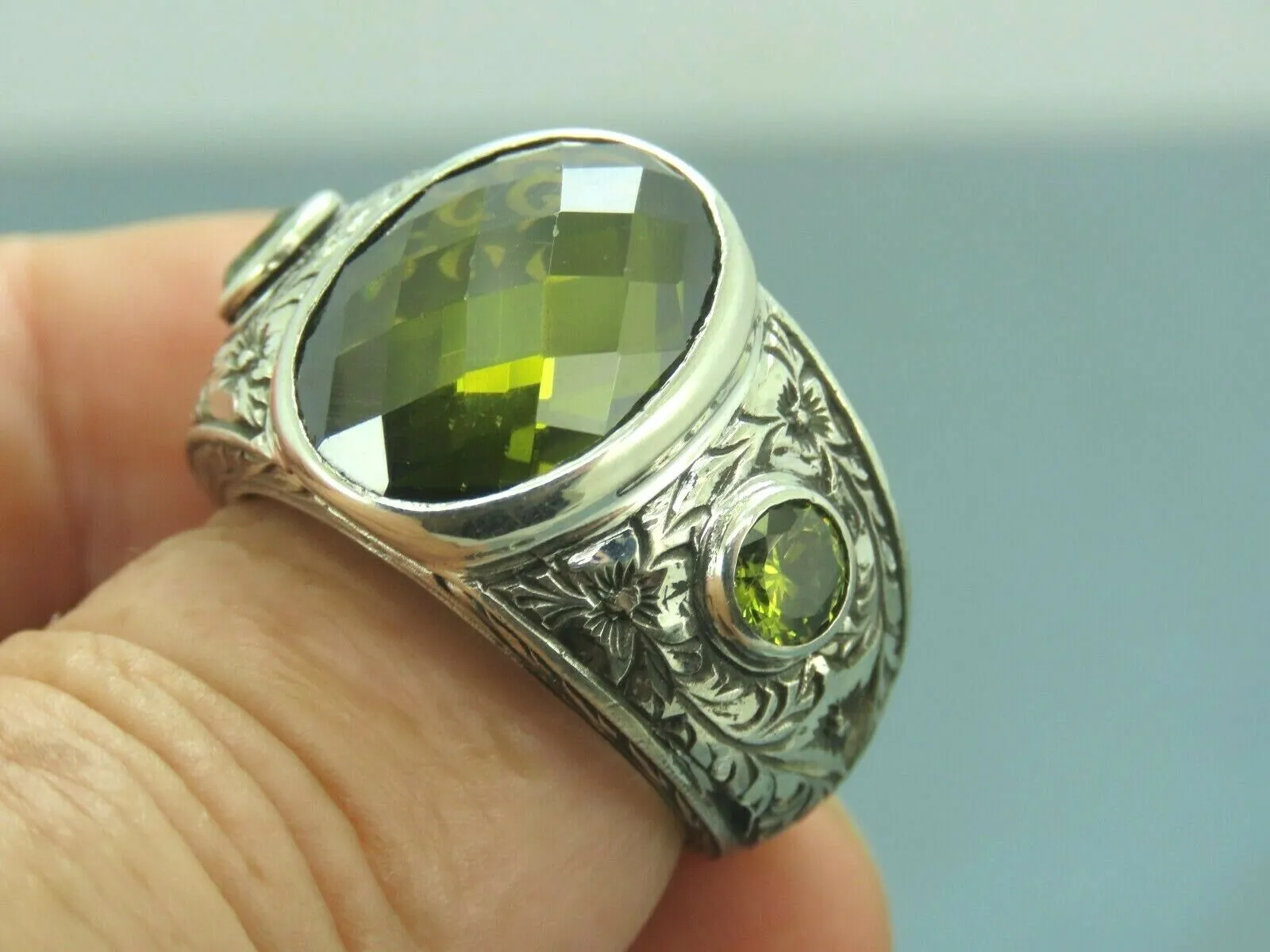 Turkish Handmade Jewelry 925 Sterling Silver Peridot Stone Men's Rings