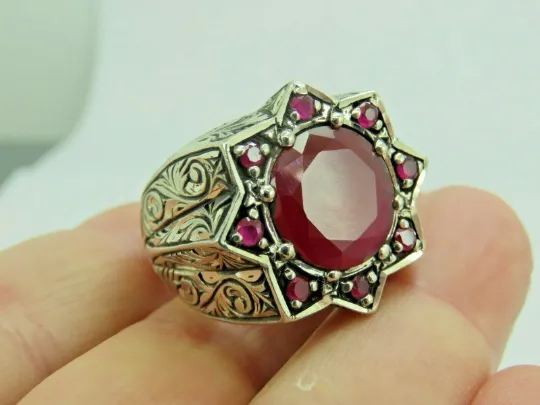 Turkish Handmade Jewelry 925 Sterling Silver Ruby Stone Men's Rings