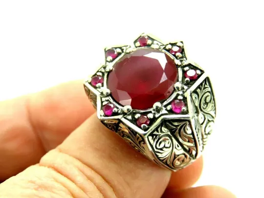 Turkish Handmade Jewelry 925 Sterling Silver Ruby Stone Men's Rings