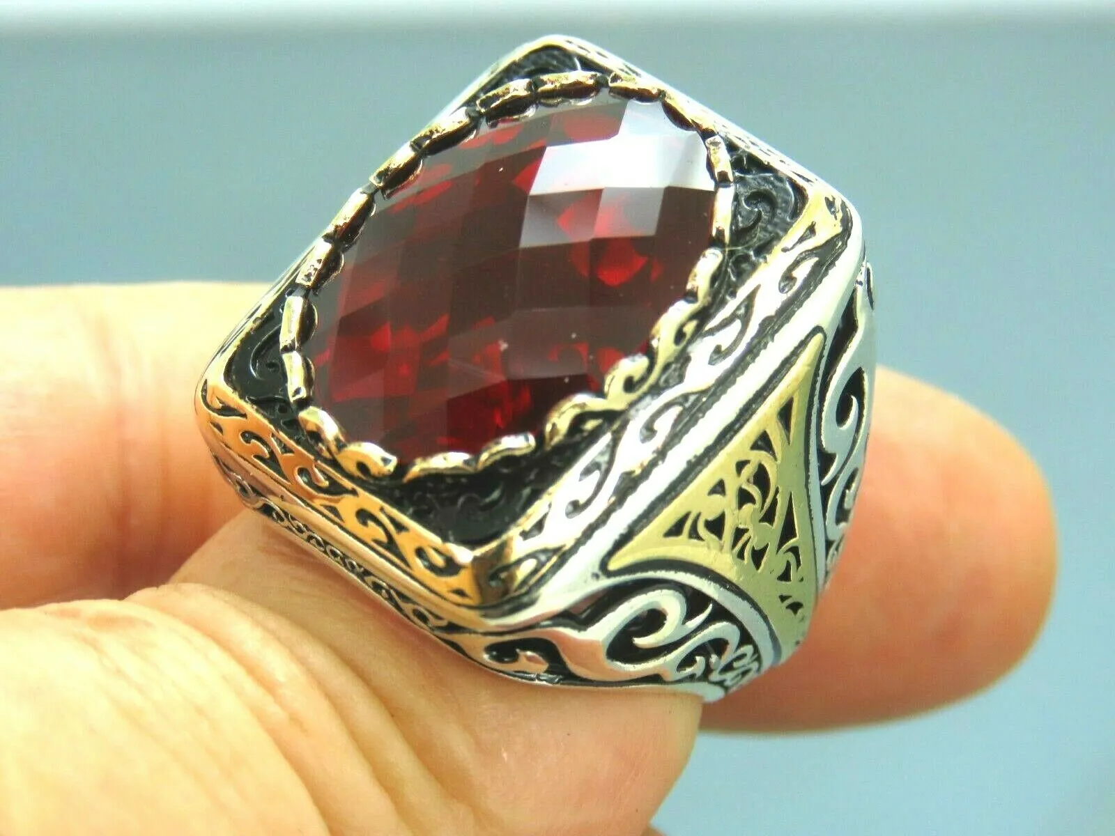Turkish Handmade Jewelry 925 Sterling Silver Ruby Stone Mens Rings