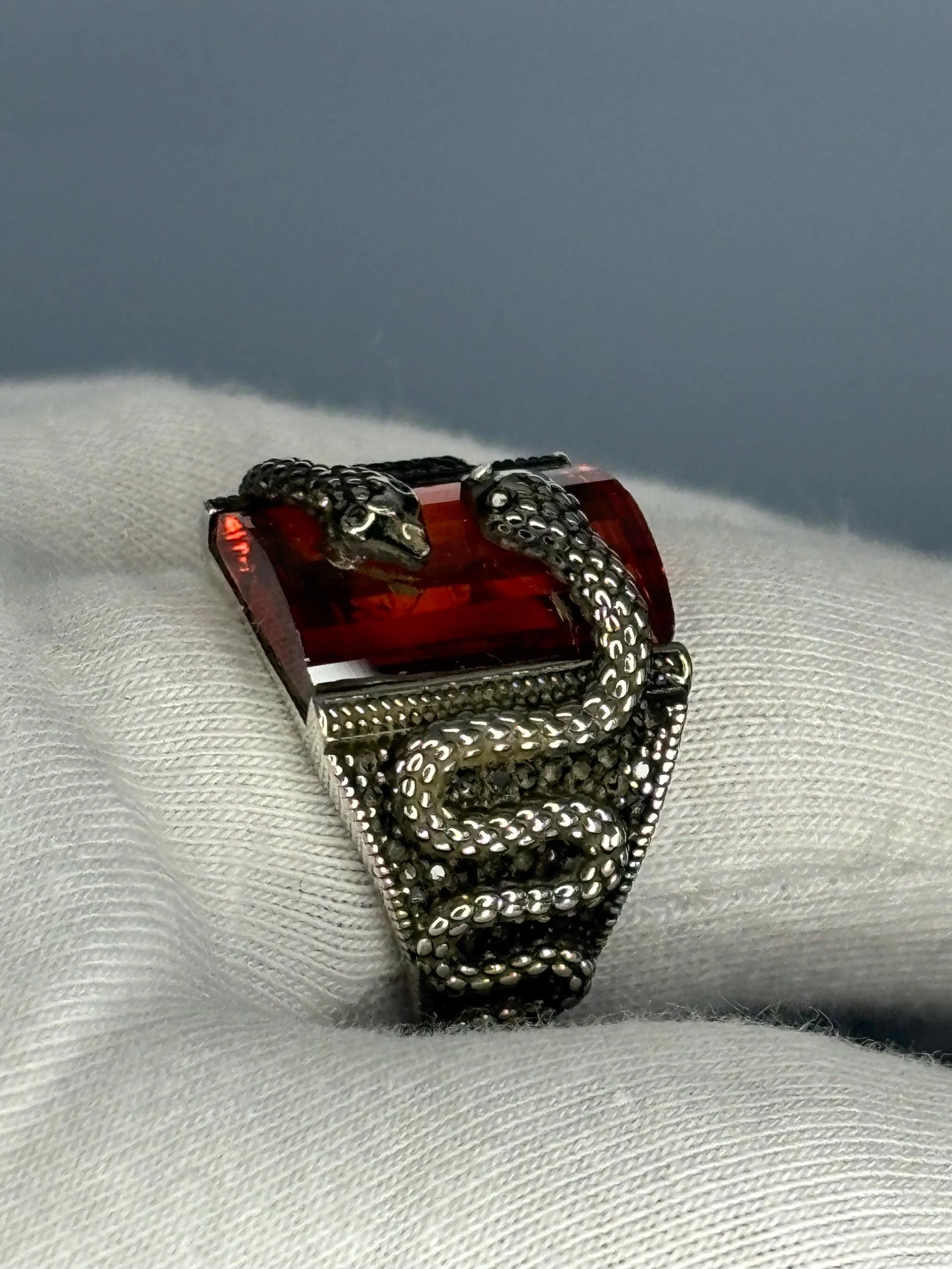 Turkish Handmade Jewelry 925 Sterling Silver Ruby Stone Snake Design Mens Rings