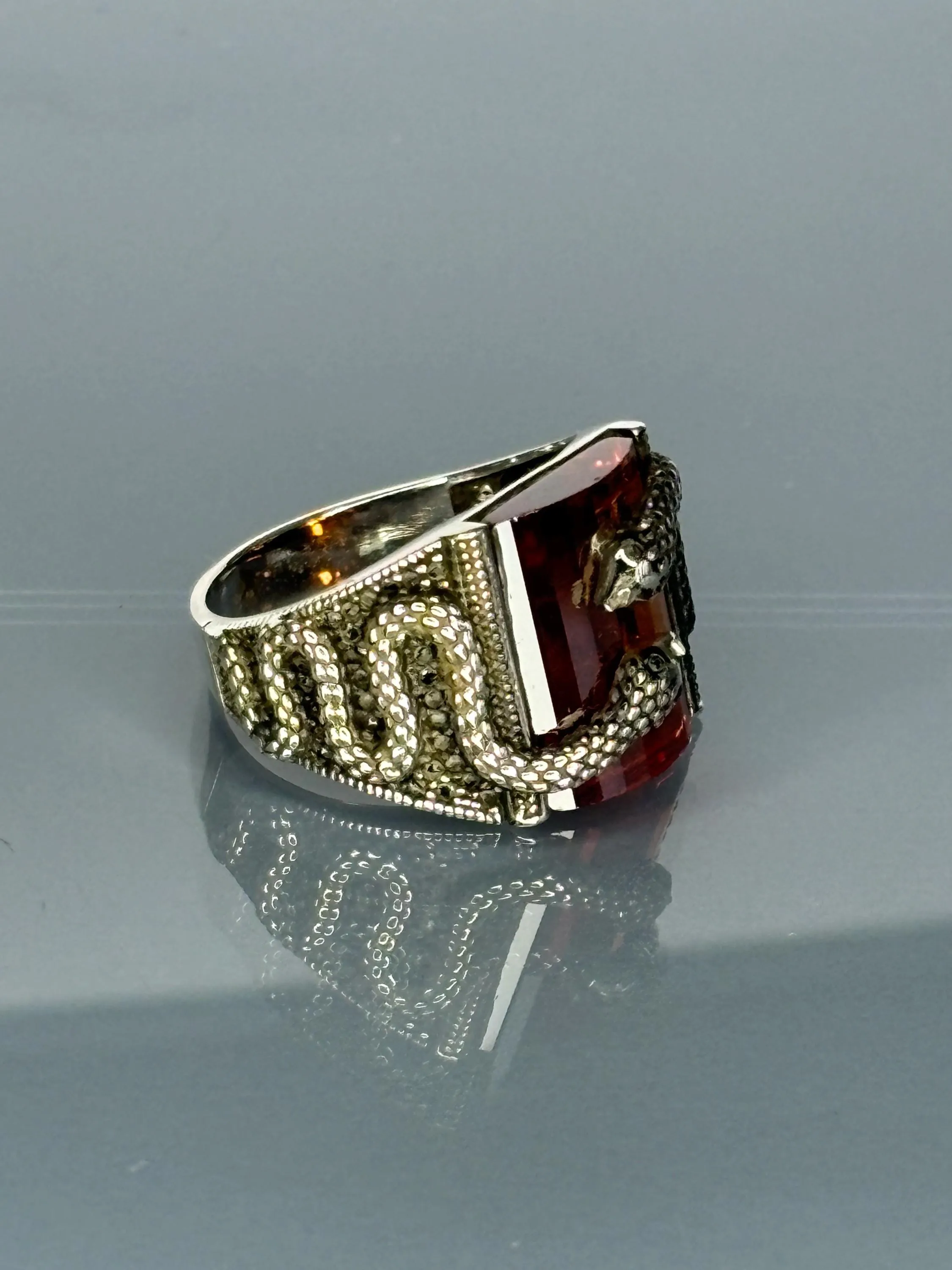 Turkish Handmade Jewelry 925 Sterling Silver Ruby Stone Snake Design Mens Rings