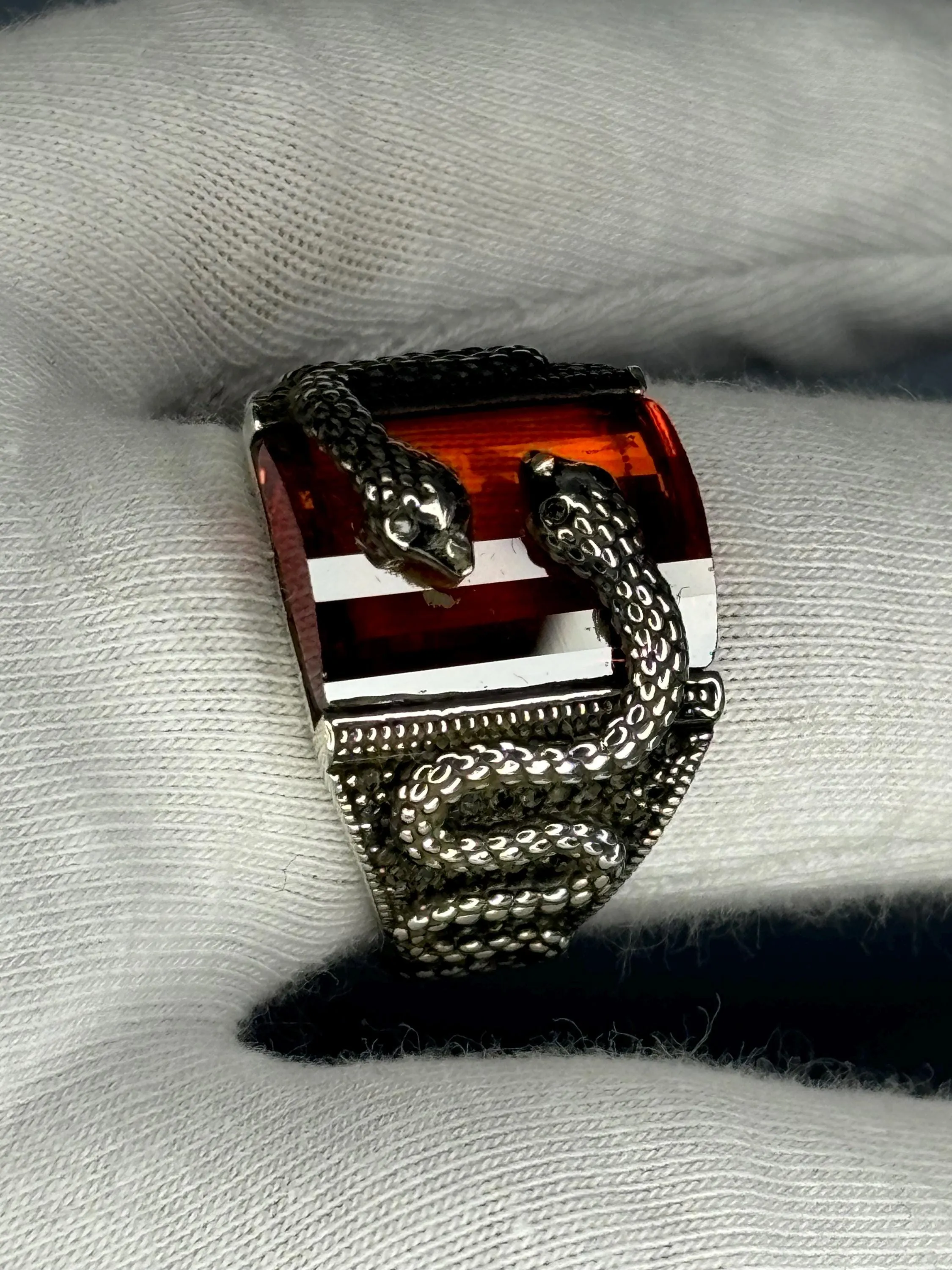 Turkish Handmade Jewelry 925 Sterling Silver Ruby Stone Snake Design Mens Rings