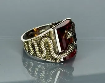 Turkish Handmade Jewelry 925 Sterling Silver Ruby Stone Snake Design Mens Rings