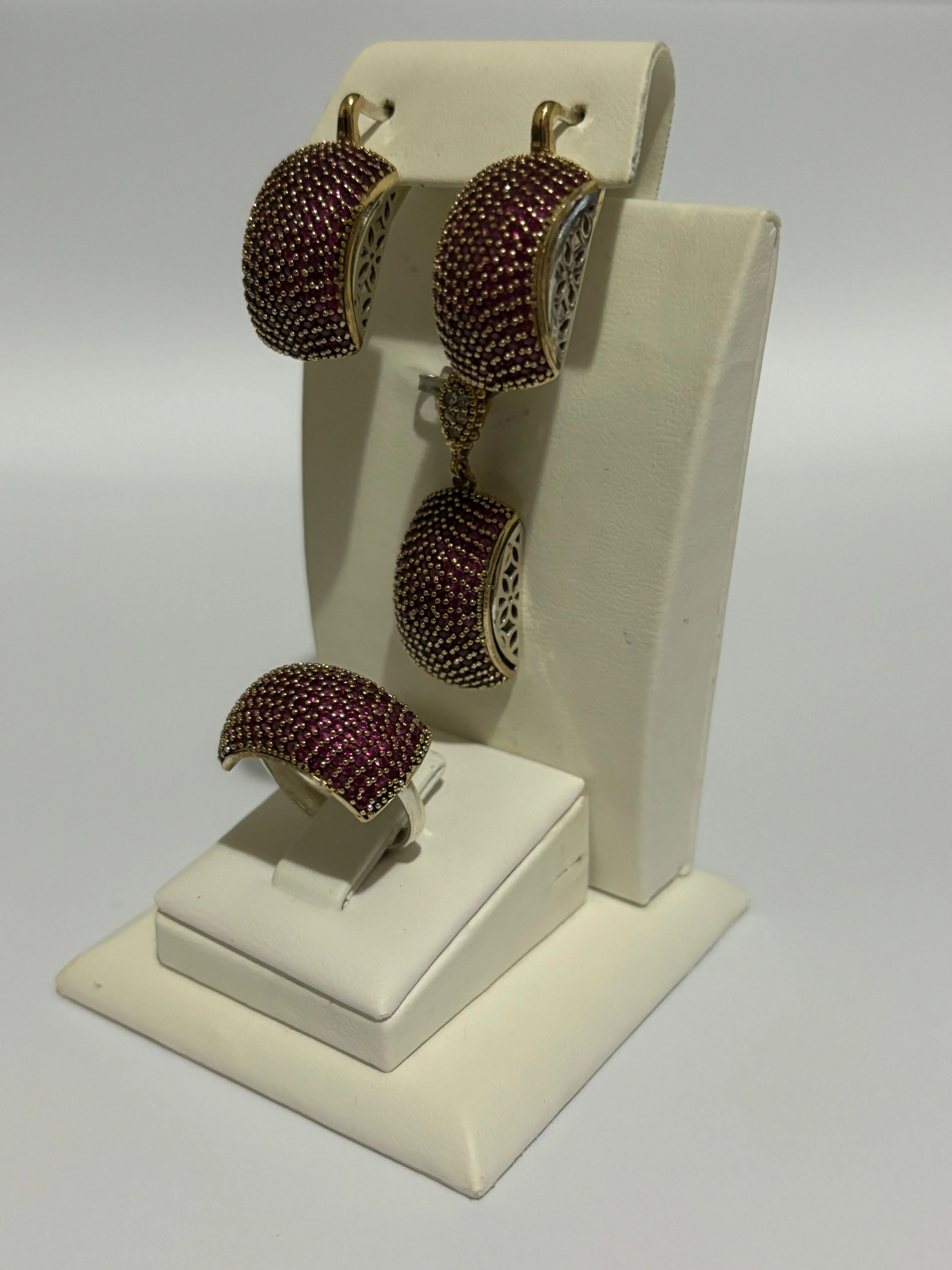 Turkish Handmade Jewelry 925 Sterling Silver Ruby Stone Women's Earrings & Ring Jewelry Set