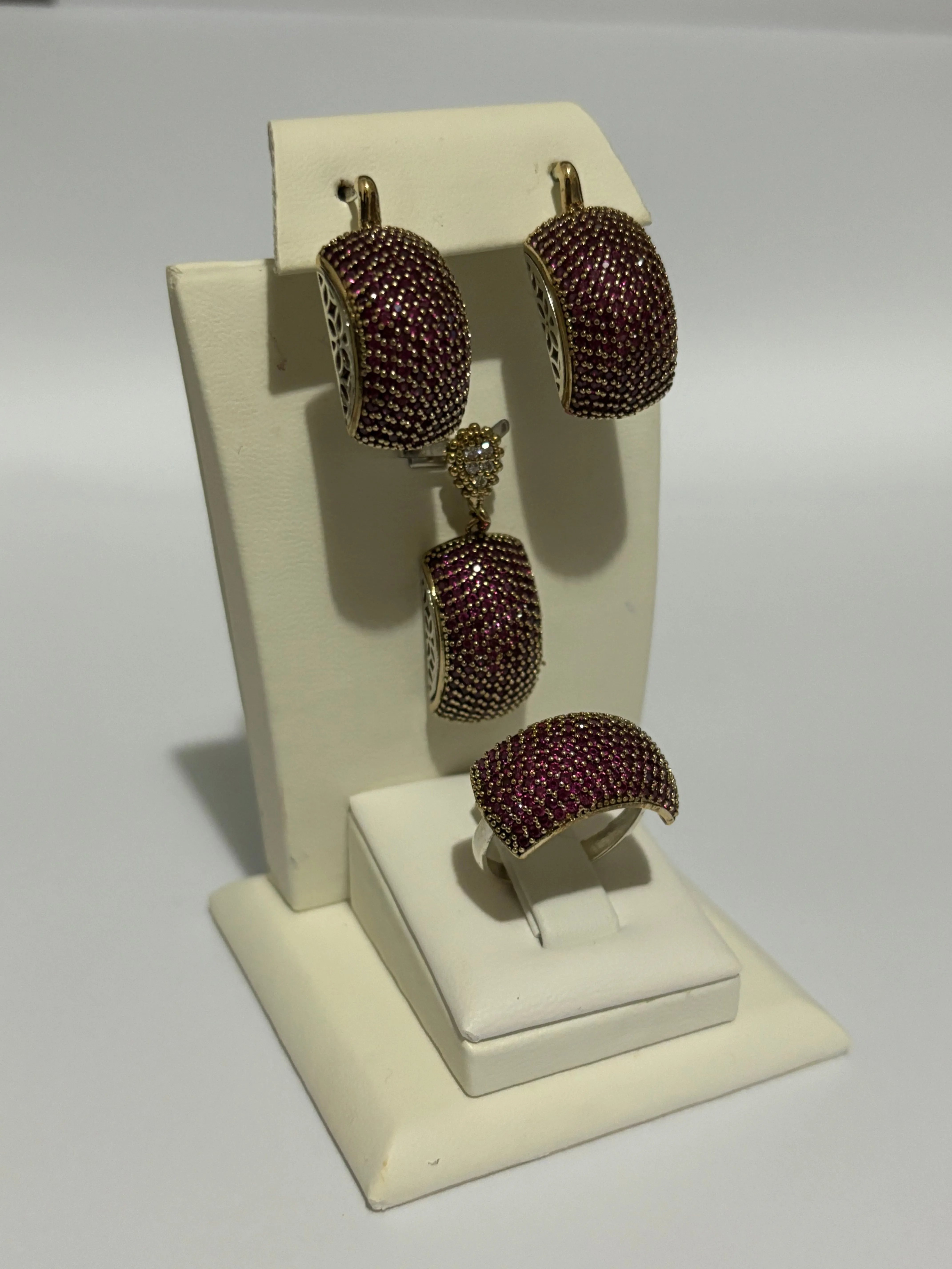 Turkish Handmade Jewelry 925 Sterling Silver Ruby Stone Women's Earrings & Ring Jewelry Set