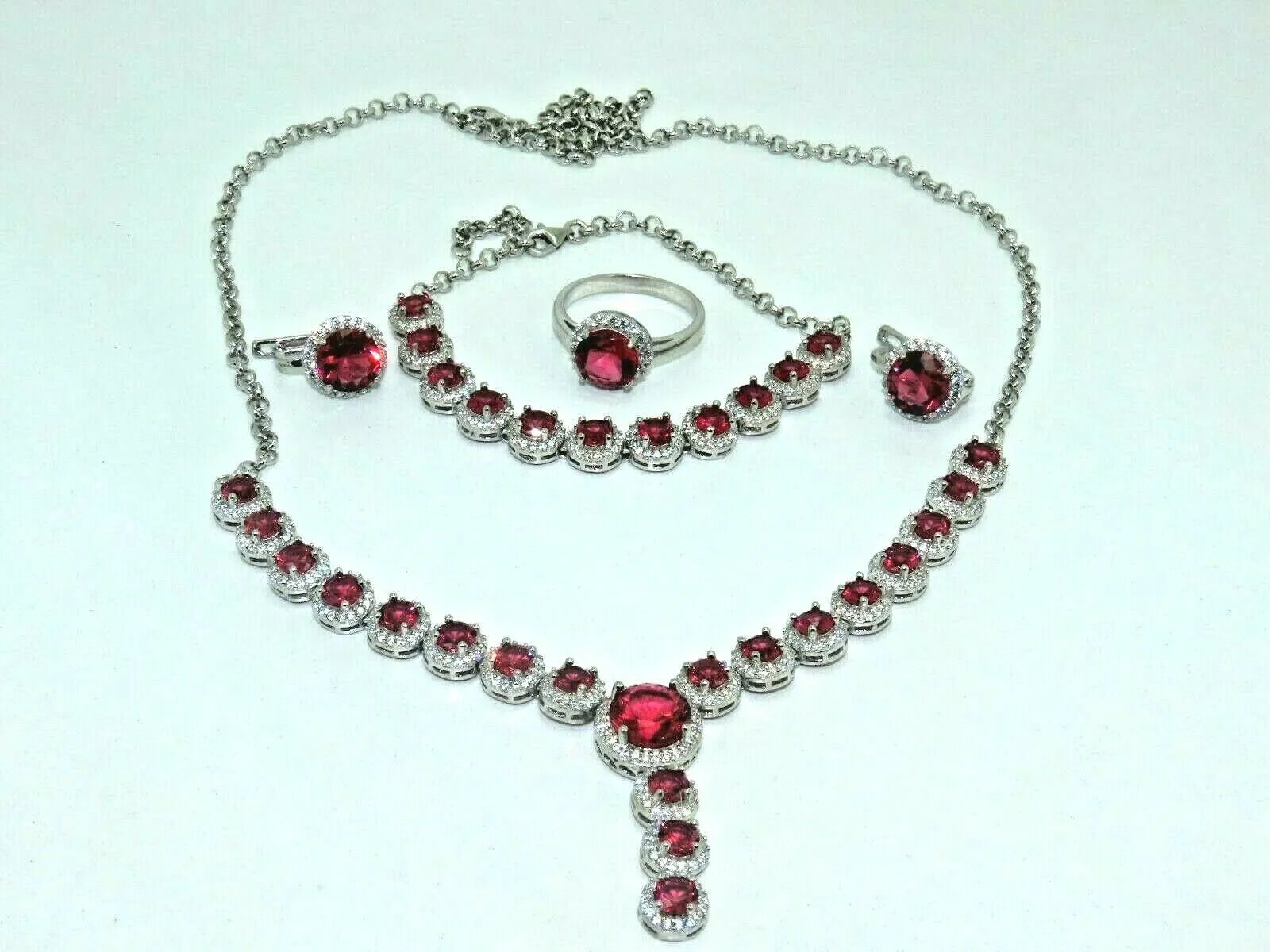 Turkish Handmade Jewelry 925 Sterling Silver Ruby Stone Women's Necklace, Earring, Bracelet & Ring Jewelry Set