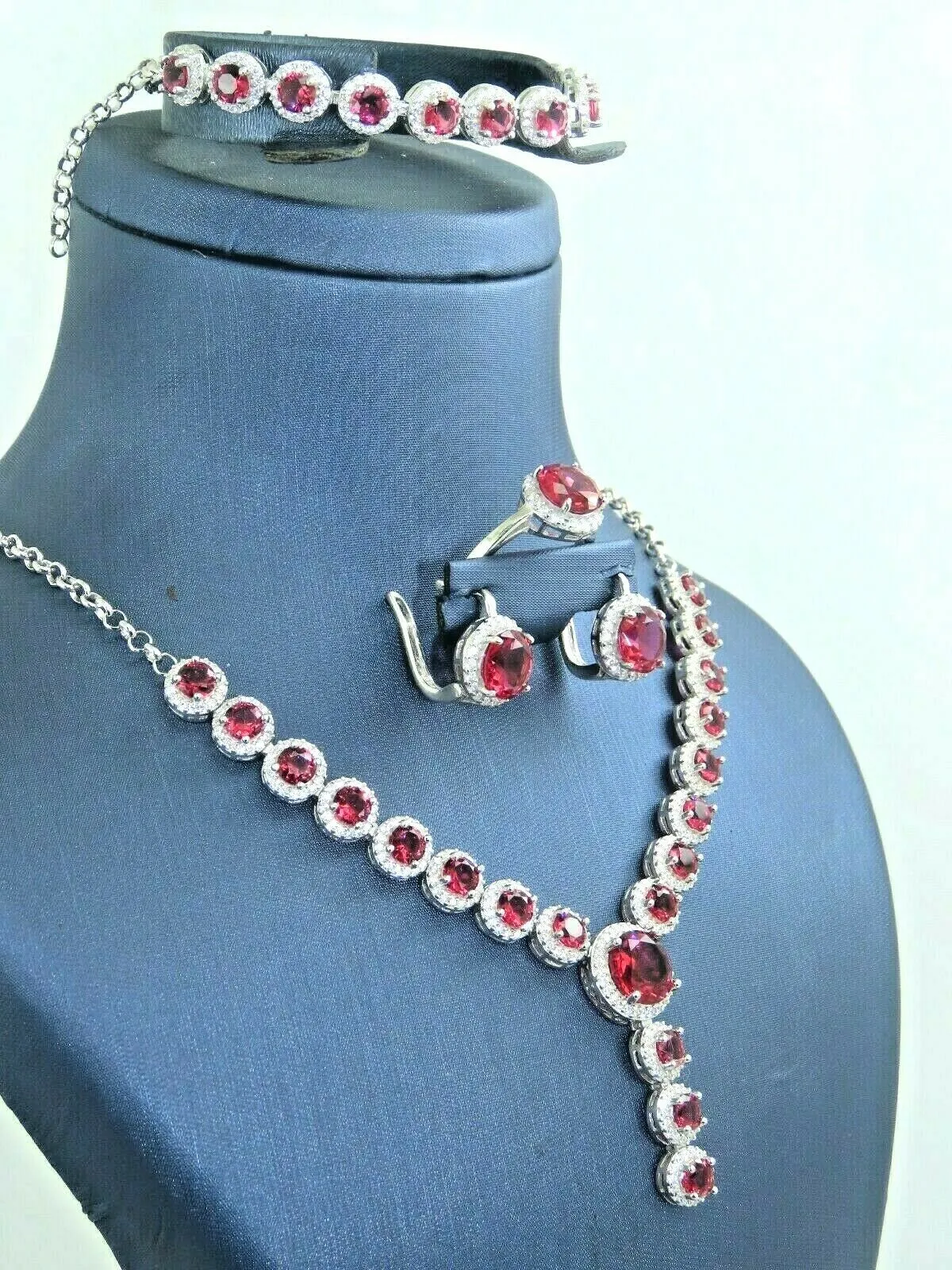 Turkish Handmade Jewelry 925 Sterling Silver Ruby Stone Women's Necklace, Earring, Bracelet & Ring Jewelry Set