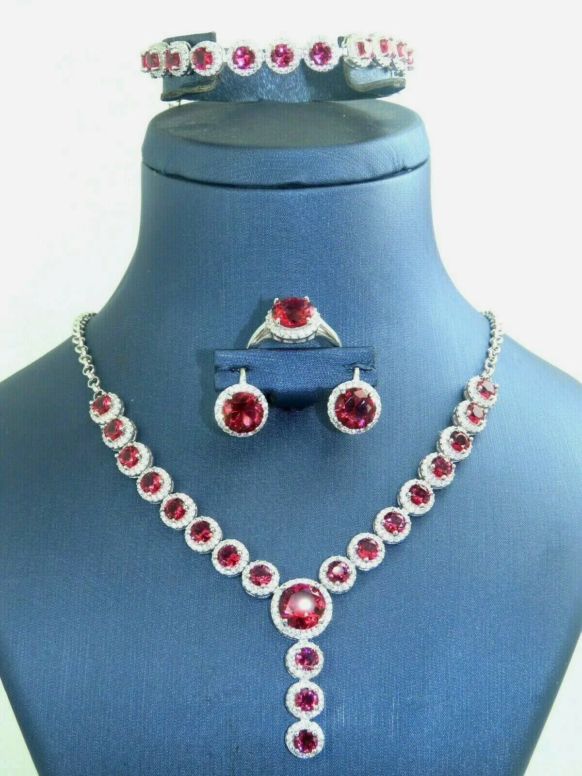 Turkish Handmade Jewelry 925 Sterling Silver Ruby Stone Women's Necklace, Earring, Bracelet & Ring Jewelry Set