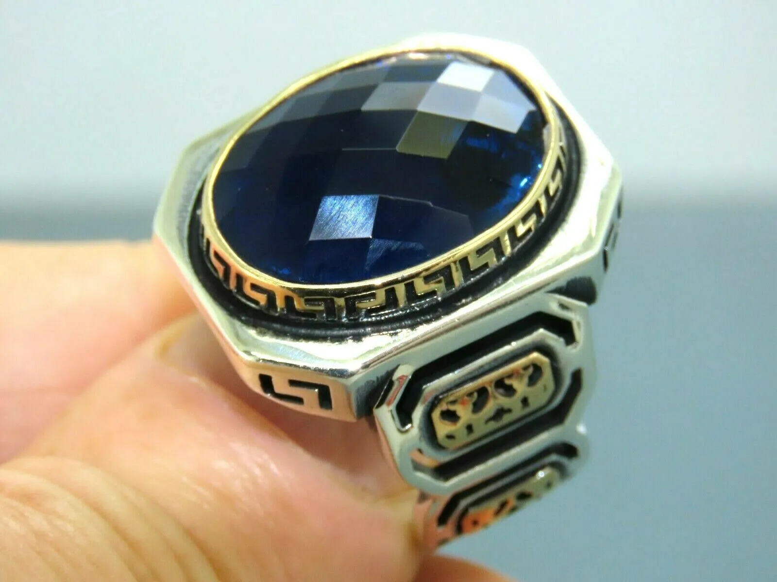 Turkish Handmade Jewelry 925 Sterling Silver Sapphire Stone Mens Rings