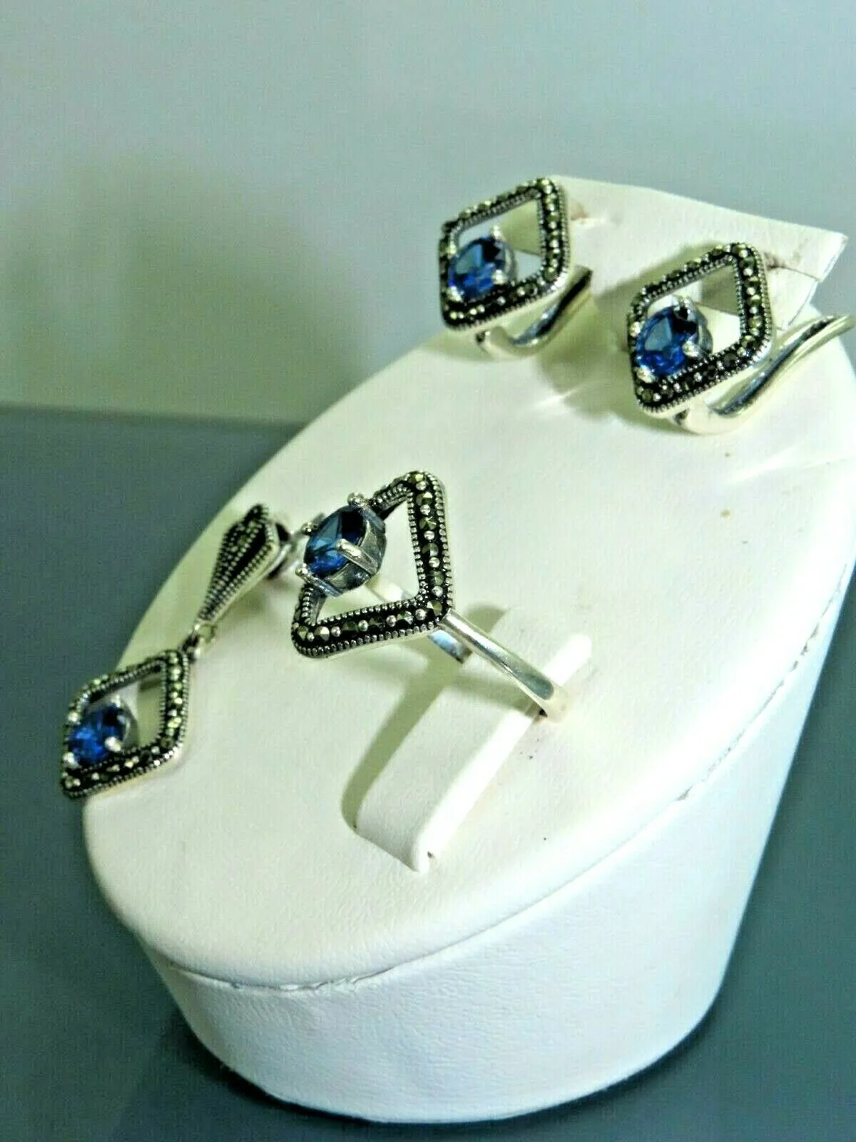 Turkish Handmade Jewelry 925 Sterling Silver Sapphire Stone Women's Earrings, Pendant & Ring Jewelry Set