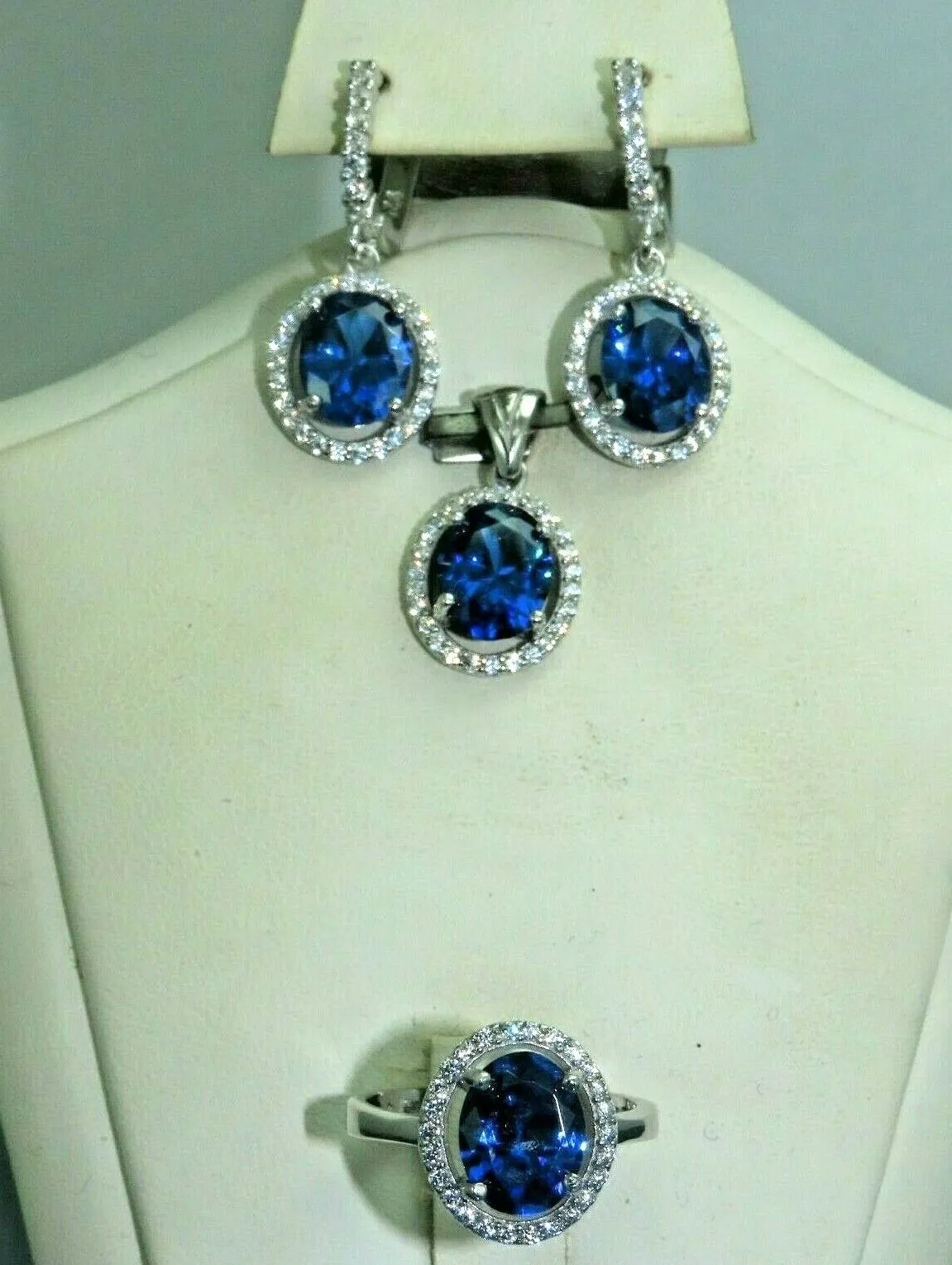 Turkish Handmade Jewelry 925 Sterling Silver Sapphire Stone Women's Earrings, Pendant & Ring Jewelry Set