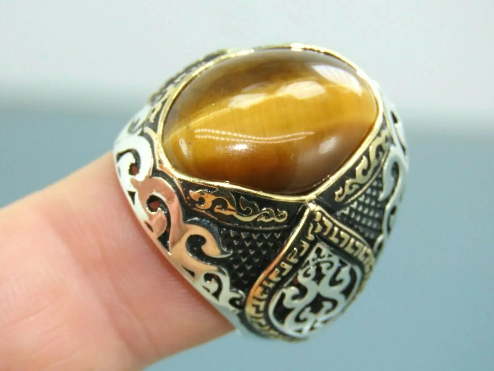 Turkish Handmade Jewelry 925 Sterling Silver Tiger's Eye Stone Mens Rings
