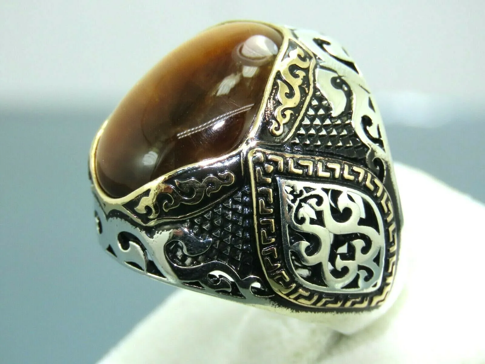 Turkish Handmade Jewelry 925 Sterling Silver Tiger's Eye Stone Mens Rings