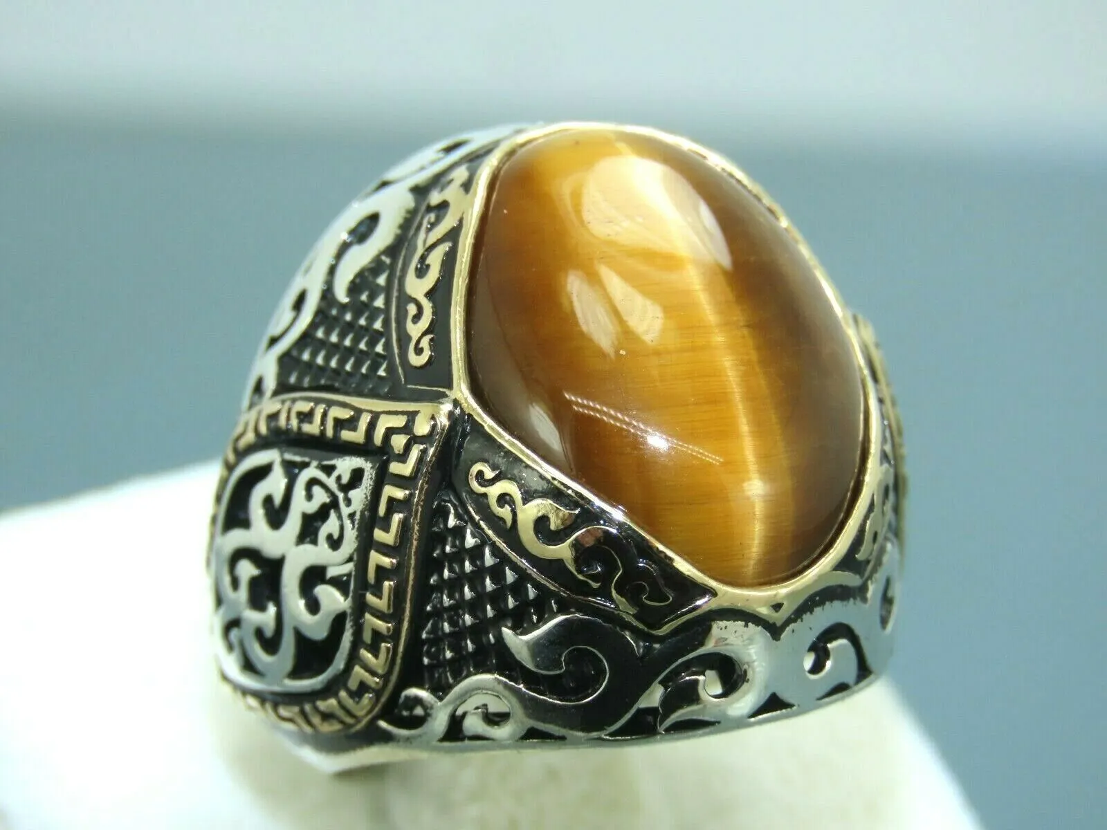 Turkish Handmade Jewelry 925 Sterling Silver Tiger's Eye Stone Mens Rings