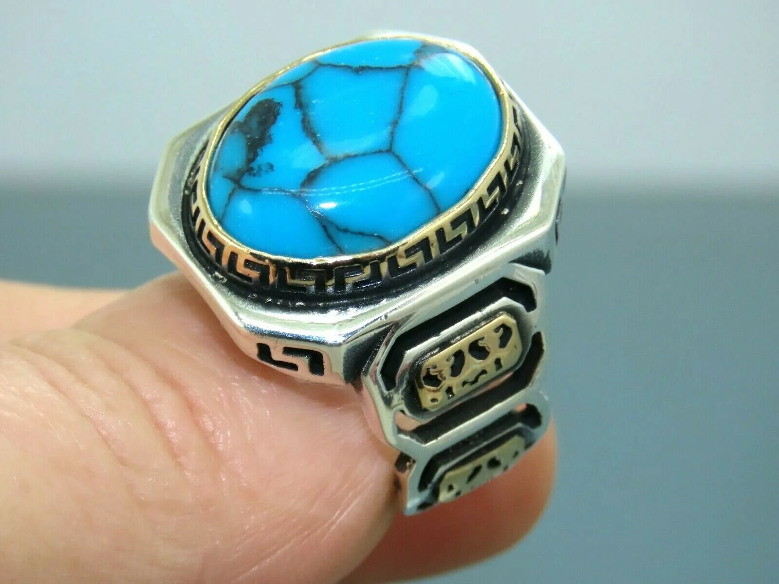 Turkish Handmade Jewelry 925 Sterling Silver Turquoise Stone Mens Rings