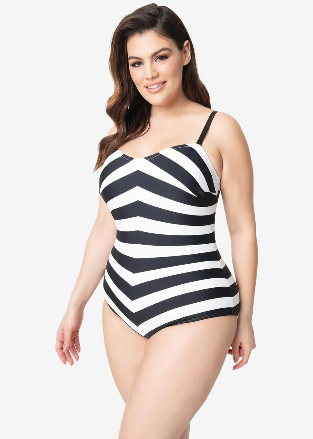 Unique Vintage x Barbie Chevron Stripe 50's Bathingsuit Black White