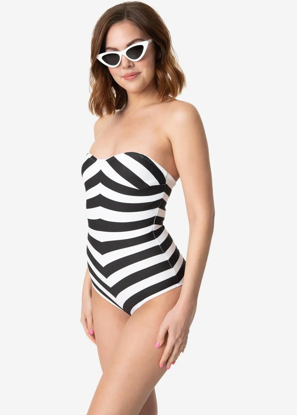 Unique Vintage x Barbie Chevron Stripe 50's Bathingsuit Black White