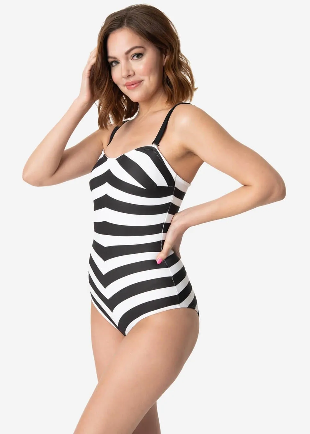 Unique Vintage x Barbie Chevron Stripe 50's Bathingsuit Black White