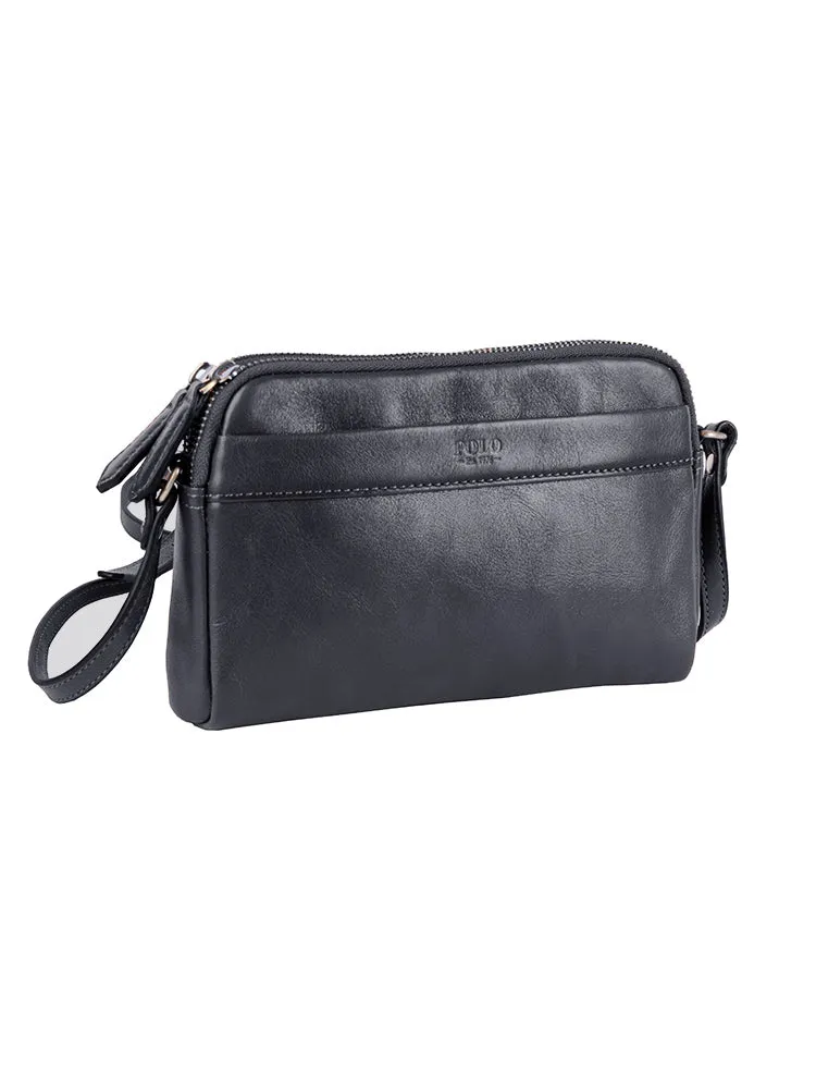 Vega Leather Double Zip Sling Bag - Black