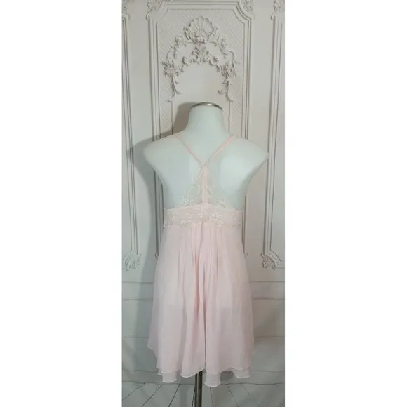 Victoria's Secret Pink Chiffon  Lace Babydoll Ballerina Slip Dress Lingerie Sz M