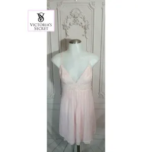 Victoria's Secret Pink Chiffon  Lace Babydoll Ballerina Slip Dress Lingerie Sz M
