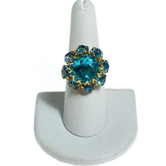 Vintage 1960&#39;s Blue Crystal Cocktail Ring, Adjustable Band
