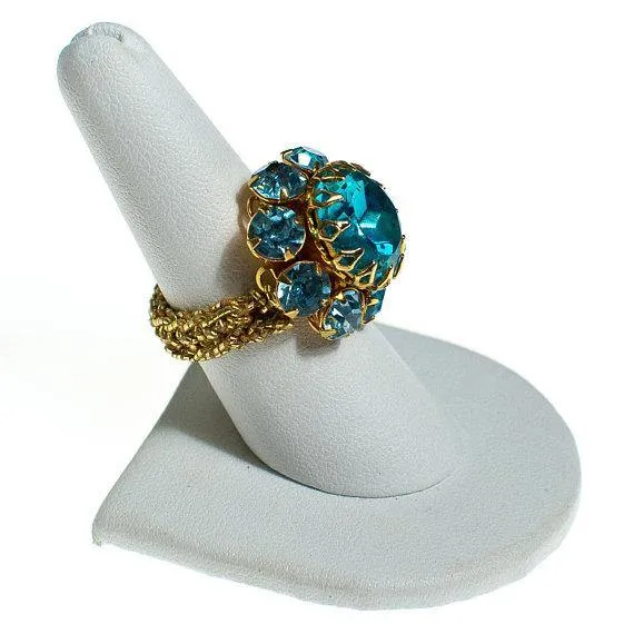 Vintage 1960&#39;s Blue Crystal Cocktail Ring, Adjustable Band