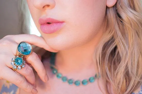Vintage 1960&#39;s Blue Crystal Cocktail Ring, Adjustable Band