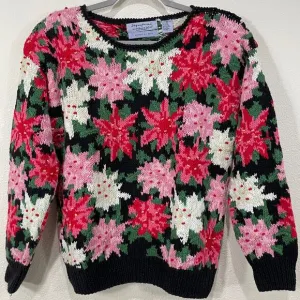 Vintage 80s 90s Poinsettia Floral Hand Knit Sweater Cottagecore Winter Grandma L
